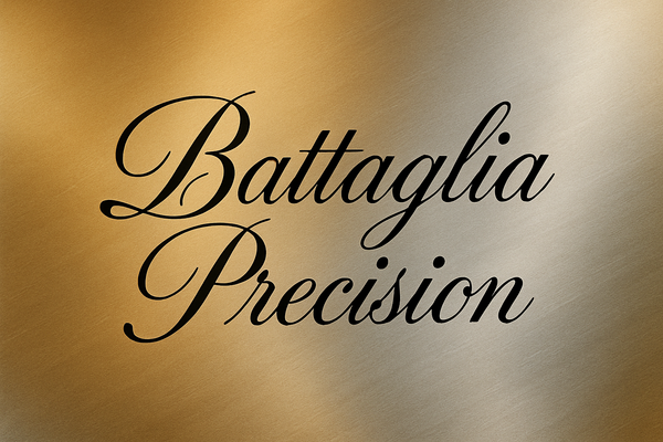 Battaglia Precision written in cursive with a gold and silver background